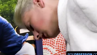 In his pajamas and a cumshot twink Benjamin Riley solo fucks dildo