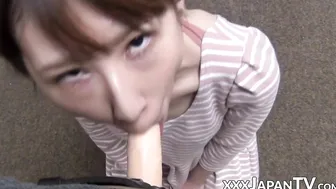 POV amateur video of Japanese babe sucking a dildo