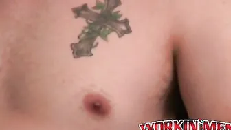 Stud passionately tugs on his huge dick after an interview