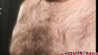 Beefy bear stroking hairy cock before cumshot solo