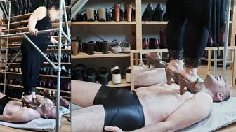 Mistress in High Heels is Trampling on Submissive Slaves Face