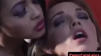 Gorgeous femdom in a latex suit fingerfucking her dyke sub