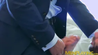 Men in suit and tie vigorously analpound after wet blowjobs