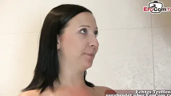 German chubby teen makes horny blowjob in the bathroom