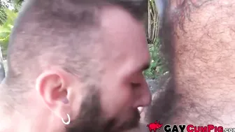 Tattooed stud blows big dick outdoor for huge cum eating