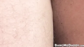 Bareback fucking of twink with Christmas hat on by hairy guy
