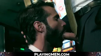Attractive men in tasteful suits spitroasting pretty base