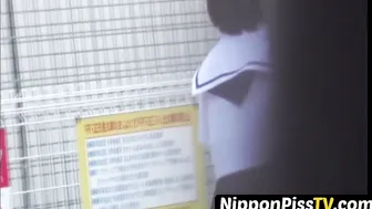 Redhead Japanese with short hair is peeing in the city