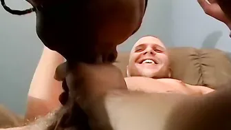 Little black bitch is yearning to ride a giant white dick