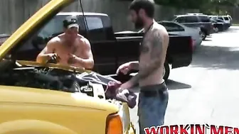 Hairy studs fix a car and end up rawfucking deep and hard