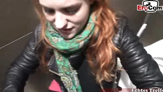 Public toilet blowjob with young redhead