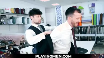 elegant hunk Franky Fox pays a suit tailor in raw drill bits