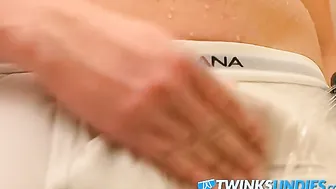 Twink Cristian cums in undies after jerking and showering