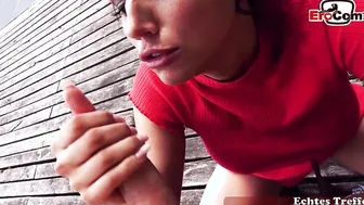 Brunette with perfect breasts fucked in public