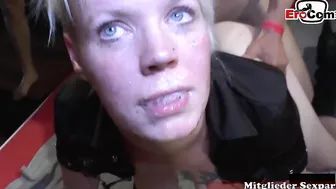 Injecting gangbang with short-haired German