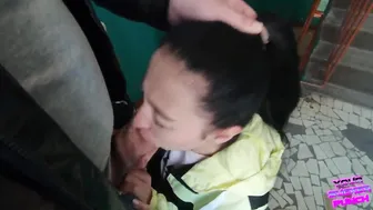 Bj inside the outside stairs and cum drink