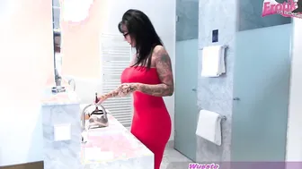 Dildo sex in the bathroom with busty milf