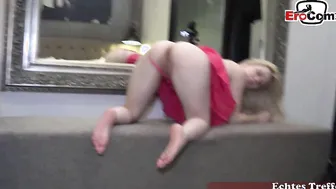 Mini tits blonde gets creampie in front of the mirror