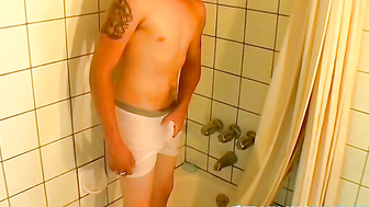 Twink Gran Thiller fills his undies with cum while showering