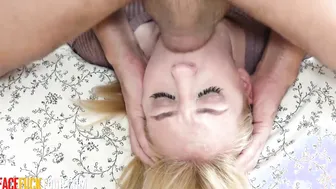 Teen blonde babe Sofie Otis gets facial cumshot after deep throating