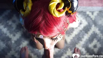 Redhead cosplayer devours dick before getting fucked