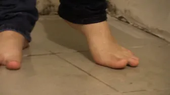 The blonde pisses inside jeans shorts nylon pantyhose and on the floor