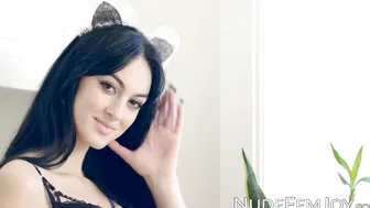 Small tit brunette Corinna F drinking milk while slowly teasing her tiny body