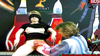 Blindfolded slave used to give blowjob