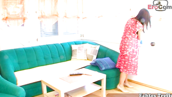 Sexy cleaning lady with small breasts seduced into sex