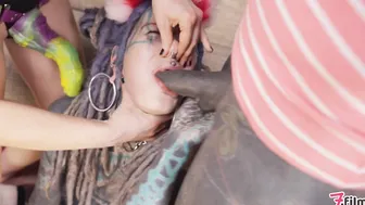 Tattooed catplay girl double blowjob
