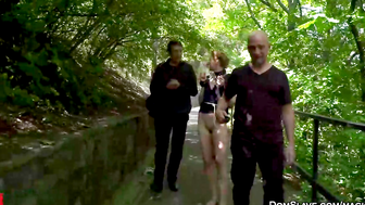 Blonde slave group fucked in public