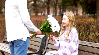 Justin meets Mirka outside with a bouquet of flowers. Their relationship may be new but Mirka is certainly charmed. She guides him back to her place where she crawls into Justins lap for a kiss. Feeling how hard Justin is already Mirka decides to slip