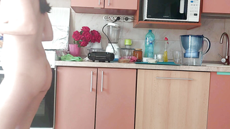 Sexy wife undresses in the kitchen hairy pussy big nipples cute small tits