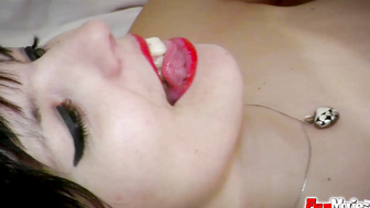 Sexy brunette babe giving handjob