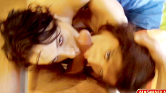Brunette slags sharing a fat pecker