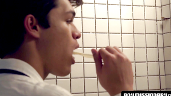 Two Mormon twinks attach in the washroom subtly