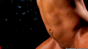 Suspended gay Dillon Diaz made to cum in threesome BDSM