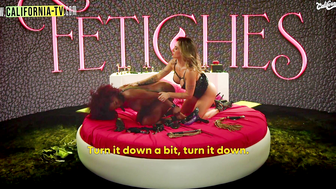 Busty blonde fucking the hot brunettes pussy with her big rubber penis