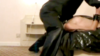 Leather BDSM. Sub Milena fucked in Throat