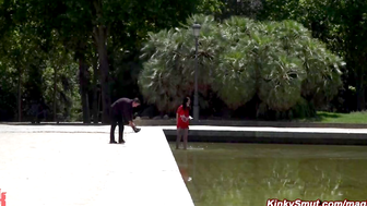 Slave on a leash gang banged in public