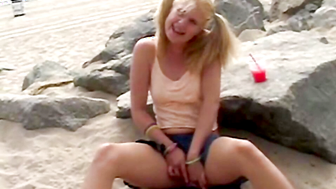 Little Summer fingering her pussy hard at the beach