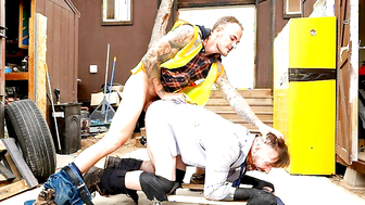 Watch how Christian Wilde thrust his own hard cock down Buck Richards throat