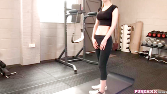 Chesty cuties rides fat cock in the gym
