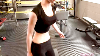 Chesty cuties rides fat cock in the gym