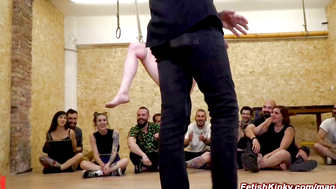 Woman enjoys in public degradation