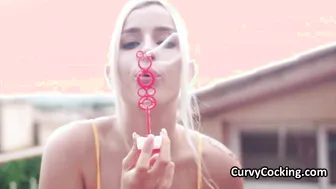 Sloppy big black dick fellatio by big tit bikini blonde