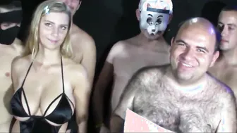 Voluptuous blonde with gigantic hooters bukkake