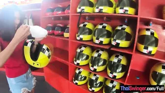 Gigantic fake boobies amateur Thai 18 year old go karting and sex