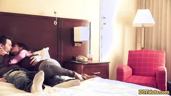 Ava Addams and James Deen into a hotel room