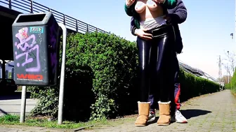 some outdoors cunt with mouth inside leather pants blows dick and have